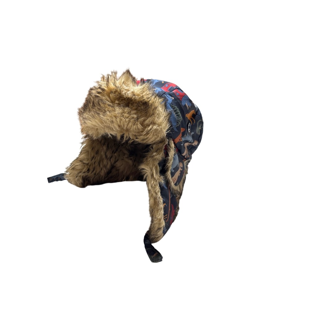 The Childrens Place Boys Navy Blue Dinosaur Print Faux Fur Trapper Hat M/M 2T-3T
